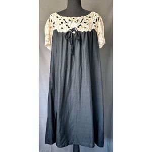 French Connection Womens Black Cotton Crochet Yoke Midi Dress Size 12 Ramie Boho